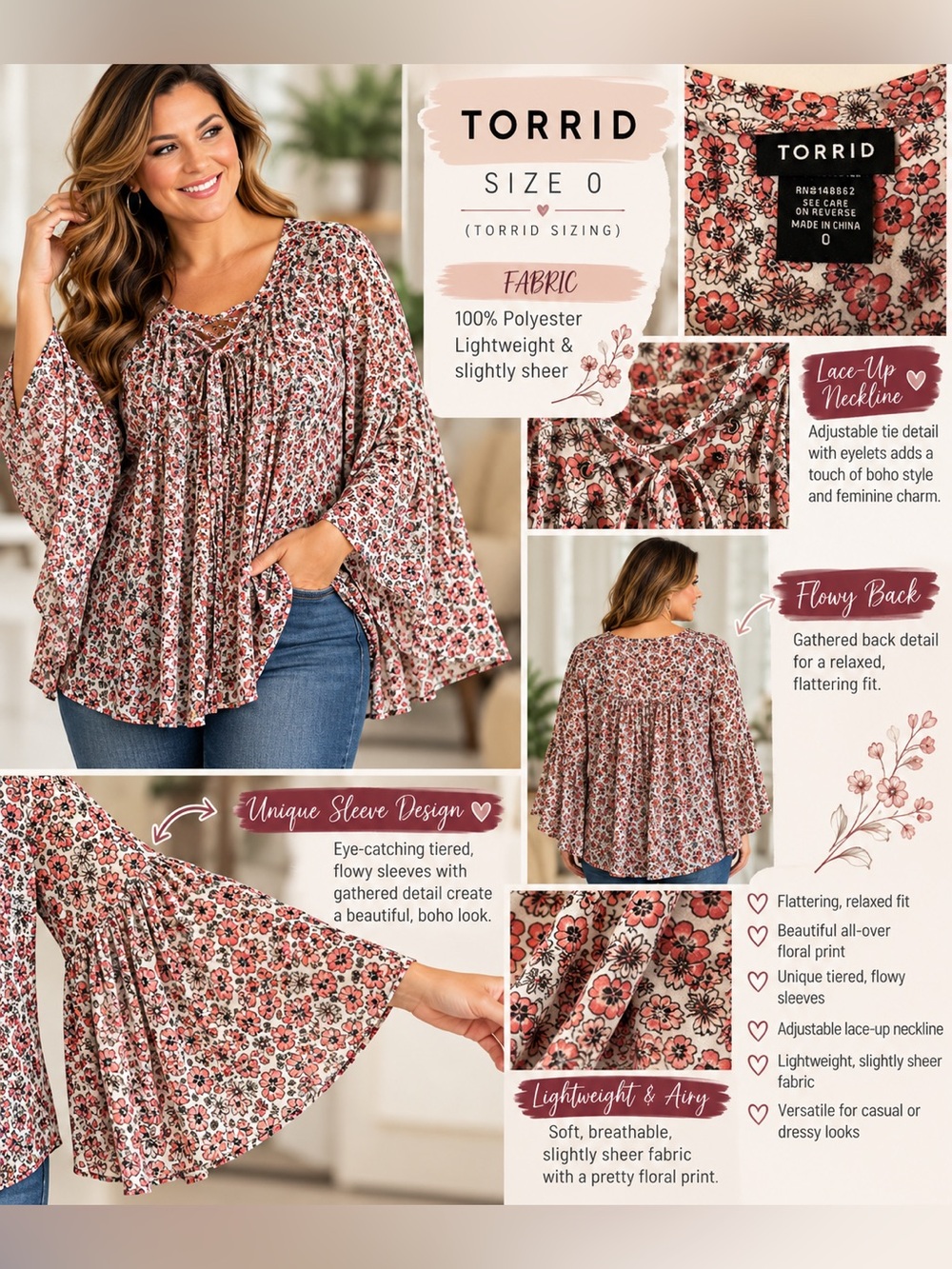 Torrid Floral Lace-Up Blouse – Size 0 – Flowy Statement Sleeves